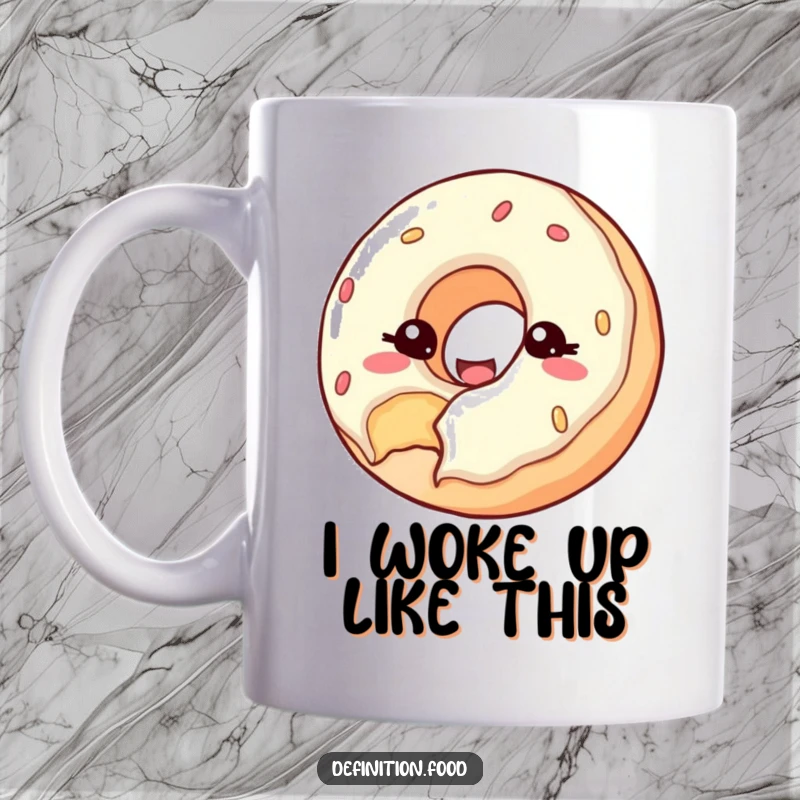 Funny mug featuring a happy donut with a bite taken out, winking playfully at the viewer.