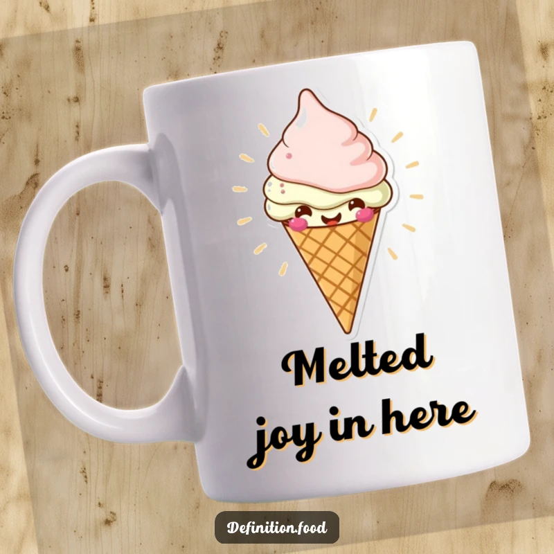 Funny ice cream cone mug with a cheerful character radiating deliciousness, perfect for sweet mornings and a funny gift.