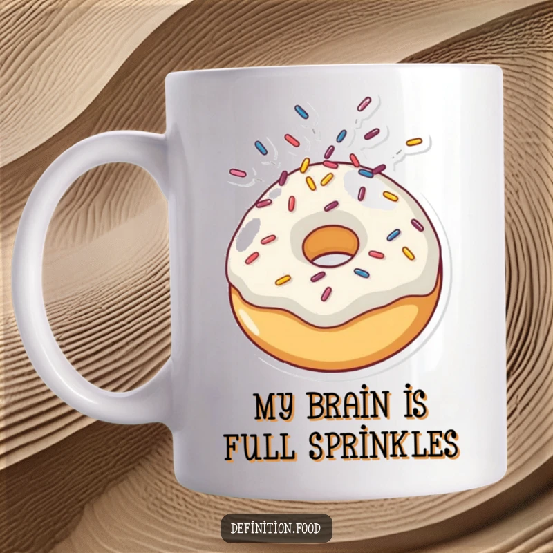 Funny mug showcasing a happy doughnut character with sprinkles dramatically erupting from its head, symbolizing joyful abandon.