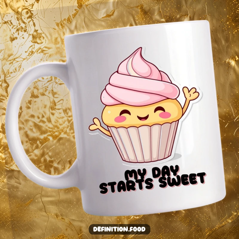 Funny waving cupcake mug with colorful frosting, cheerfully greeting you, a perfect funny gift for dessert lovers.