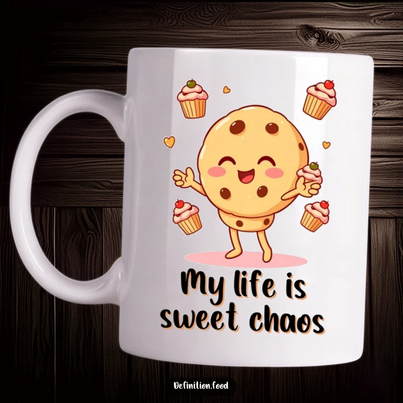 Funny mug showcasing a cheerful cookie character gleefully juggling miniature cupcakes, radiating pure joy and a love for sweets.