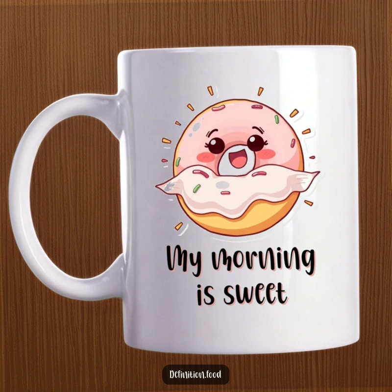 Funny happy donut character bursting from its wrapper on a mug, conveying excitement and morning energy, a fun gift for donut lovers.