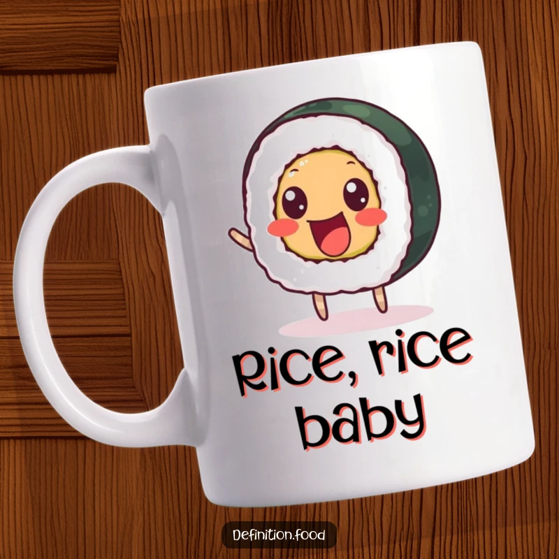 Funny mug featuring a delighted sushi roll with beady eyes bouncing happily, perfect for breakfast.