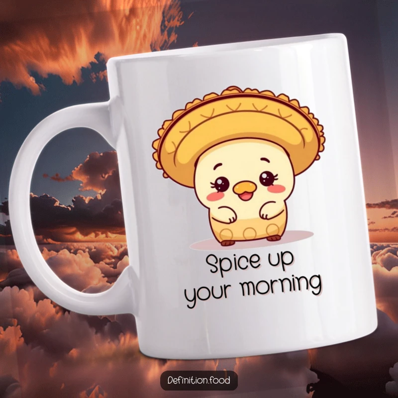 Funny mischievous burrito character peeking out from under a colorful sombrero, featured on a fun mug.