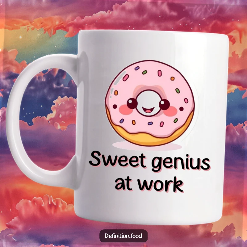 Funny donut character mug, a happy donut explaining a playful food diagram, educational and humorous.