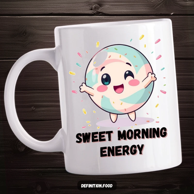Funny candy mug featuring a round character joyfully spinning with colorful sprinkles, a sweet and humorous design.