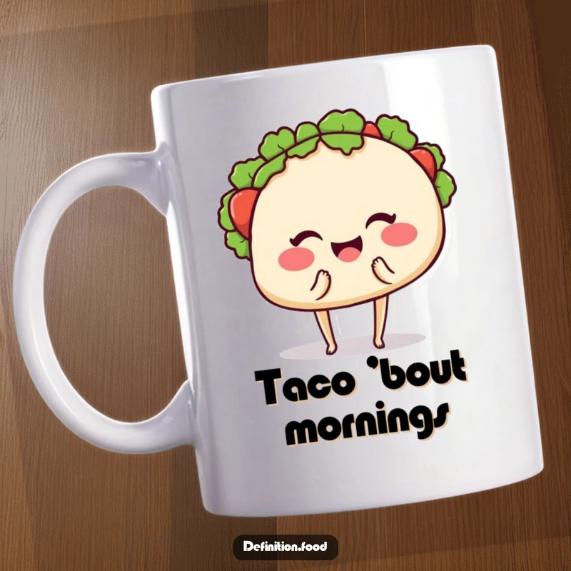 Funny taco mug with a smiling taco on tiny legs winking and extending a bite, inviting fun and flavor.