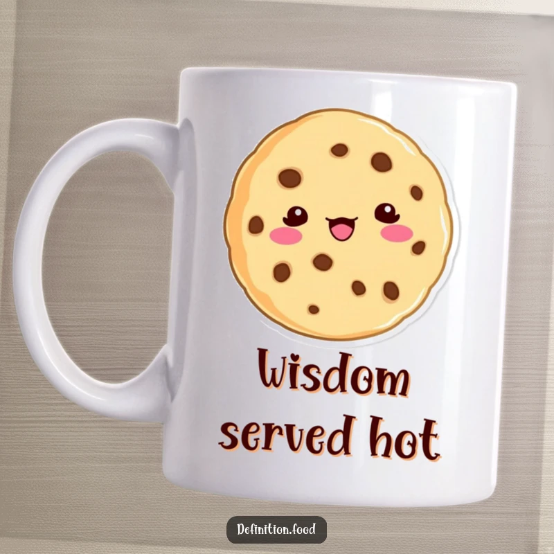 Funny cookie character mug, playfully offering a whimsical definition, perfect for gifting and bringing smiles.