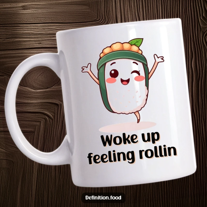 Funny mug with a smiling sushi character doing a lively happy dance, showcasing pure culinary joy and infectious energy.