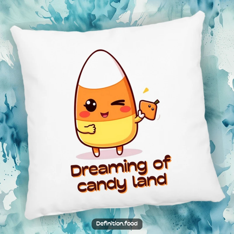 Funny candy corn character winking and pointing at a food icon on a soft, decorative pillow, adding playful comfort.