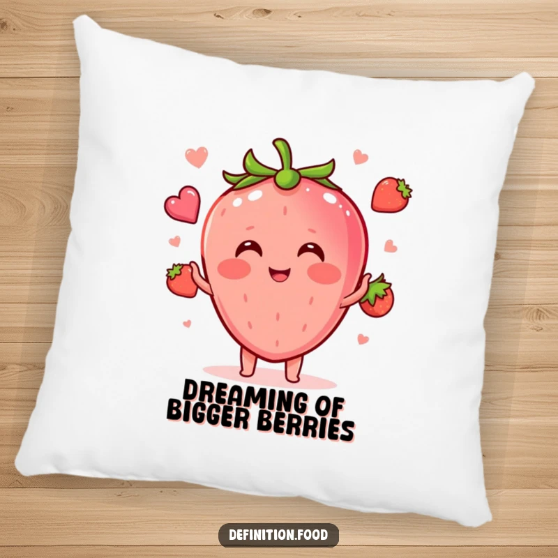Funny blushing strawberry character juggling small food shapes on a soft, decorative pillow, ideal for adding humor to any space.