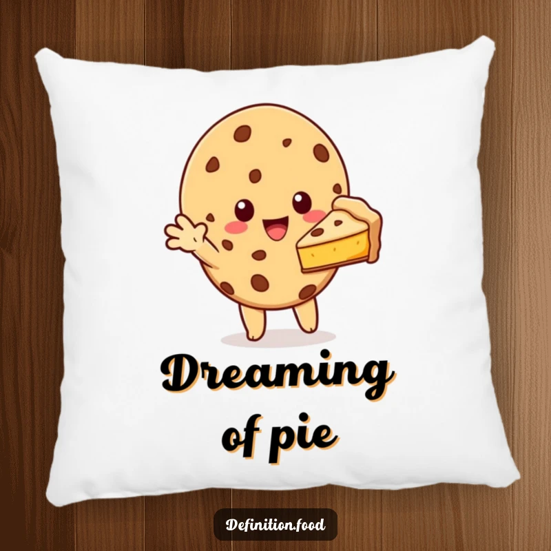 Funny cookie character offering a slice of pie on a plush pillow, providing cozy comfort and a generous, sweet vibe.