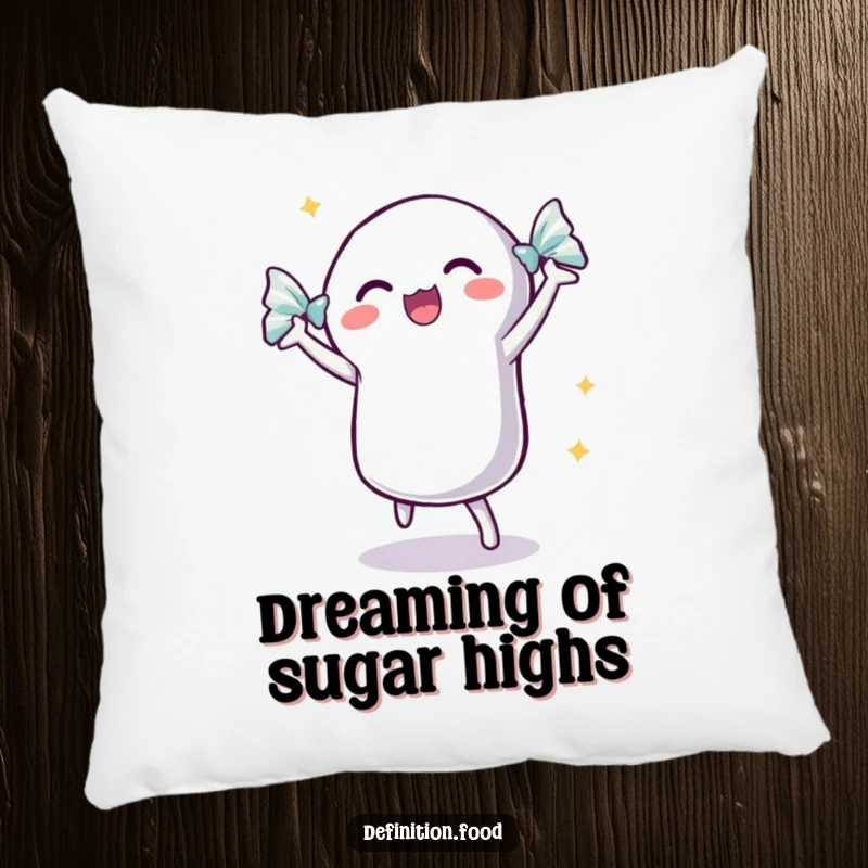 Funny dancing candy pillow featuring an excited candy with a shimmering wrapper, bringing comfort and humor.