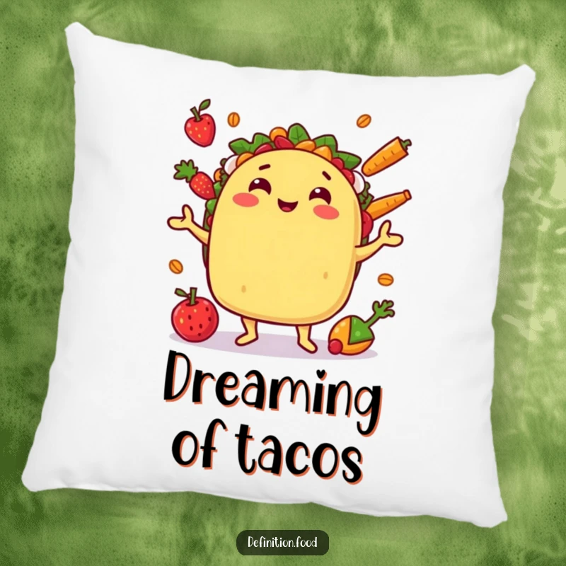Funny taco pillow depicting a grinning juggling character, offering soft, humorous comfort and decor.
