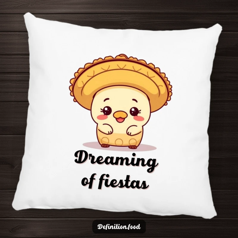 Funny mischievous burrito character peeking from under a sombrero, a soft and humorous pillow for cozy, funny moments.