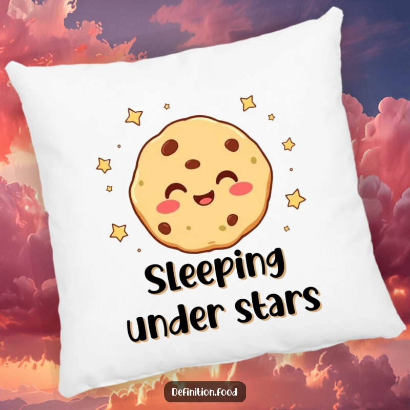 Funny smiling cookie character with tiny stars falling around it on a plush pillow, offering cozy comfort and magical vibes.