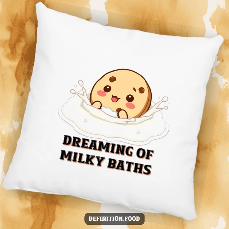Funny cookie character pretending to swim in milk, a soft and humorous pillow for cozy, funny moments.