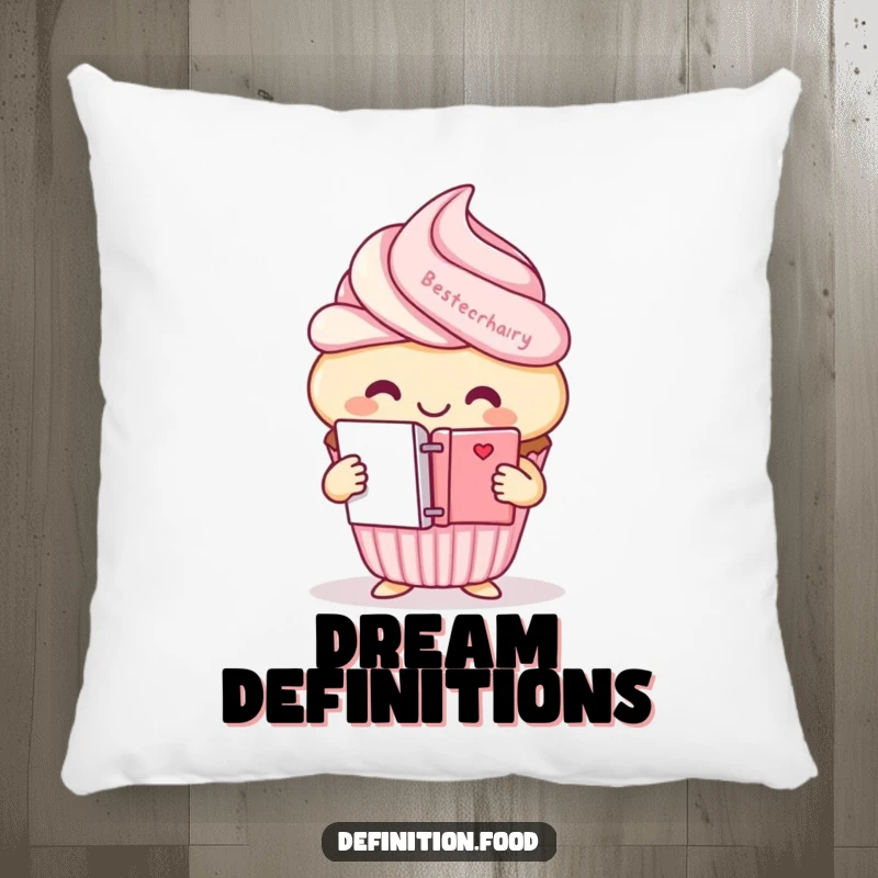Funny cupcake character pillow, holding a mini dictionary, for cozy and literary appeal.