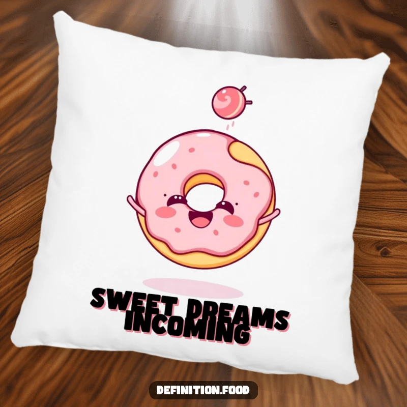 Funny donut pillow featuring a cheerful donut character joyfully tossing a tiny candy, offering comfort and charm.