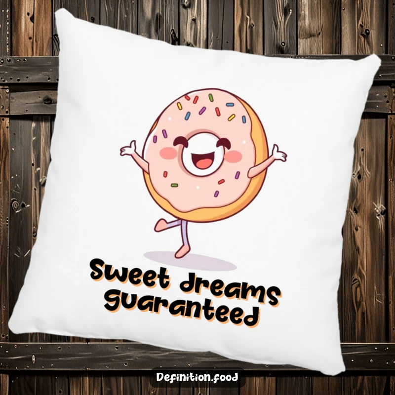 Funny grinning donut pillow with sprinkles, happily pirouetting, perfect for sweet, comfortable lounging.