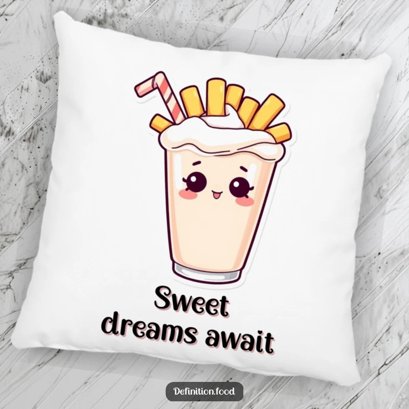 Funny pillow featuring a curious french fry character peeking out from a frothy milkshake, adding a touch of whimsy.