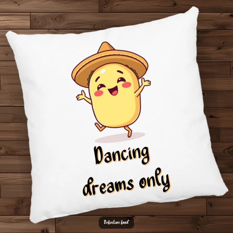 Funny happy taco pillow showing a taco in a sombrero, doing a joyful salsa dance, perfect for comfort.