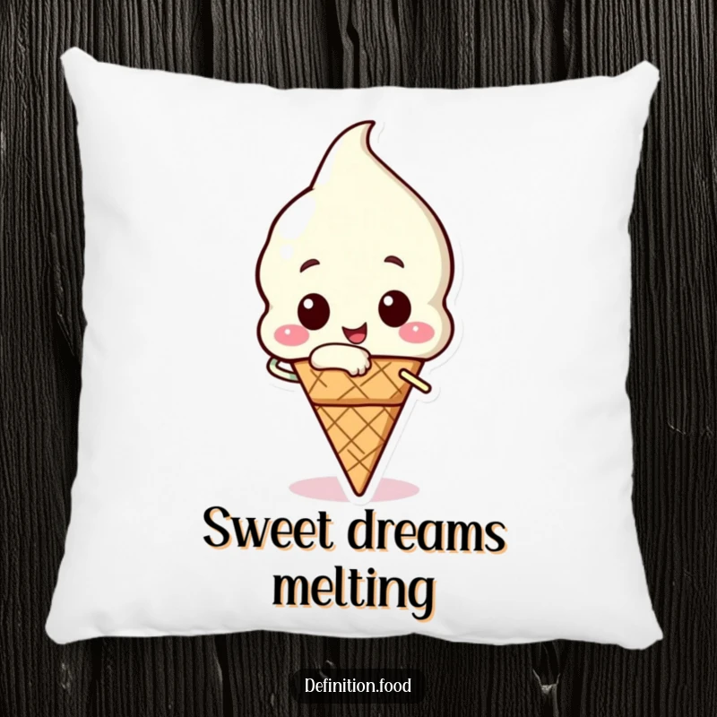 Funny ice cream pillow featuring a happy ice cream cone character taking a triumphant bite, offering comfort and charm.