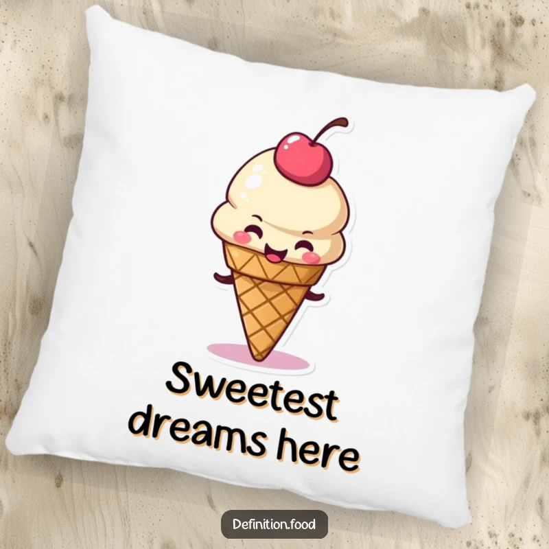 Funny pillow featuring a happy ice cream cone character wiggling its cherry topping, offering plush comfort and a delightful dose of sweetness.