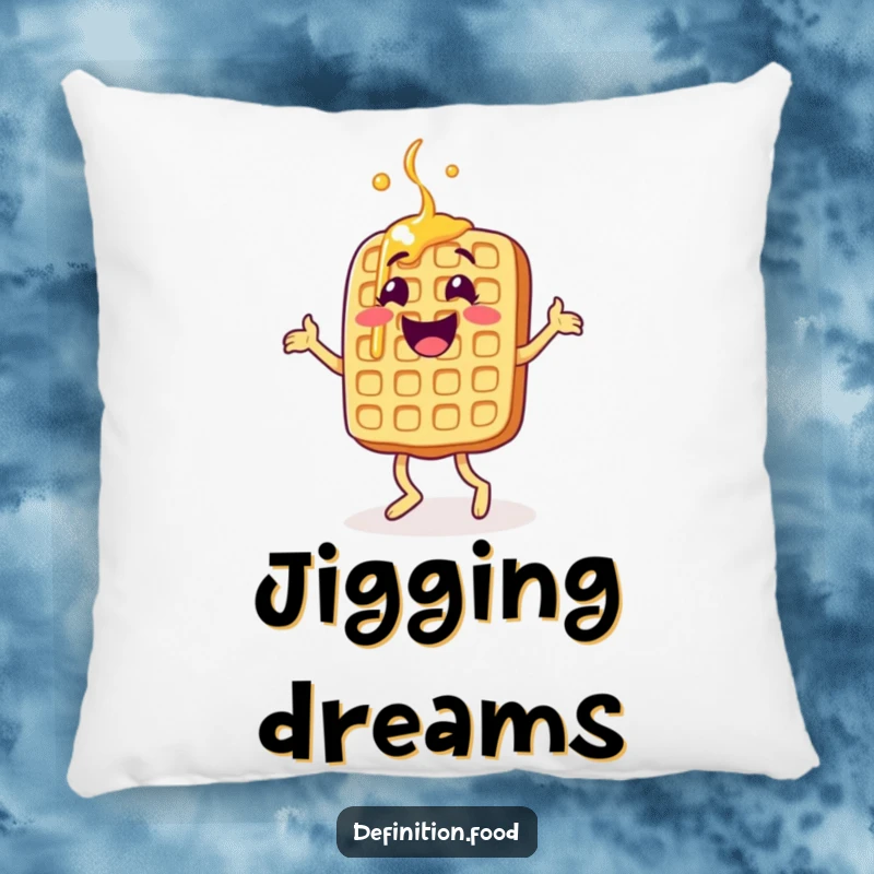 Funny waffle pillow, soft and plush, a happy character doing a delightful jig, ideal for comfort, funny gift.