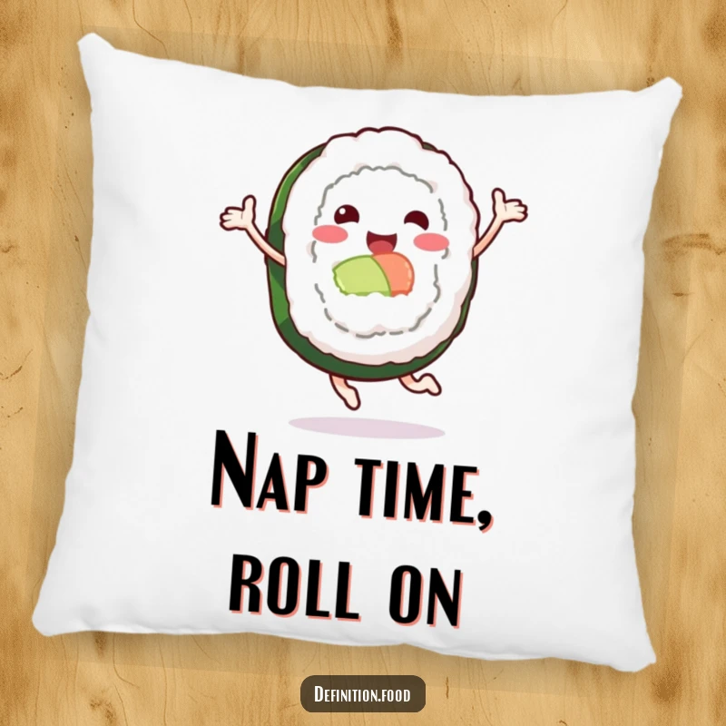 Funny sushi roll pillow depicting a happy leaping character, offering soft, humorous comfort.