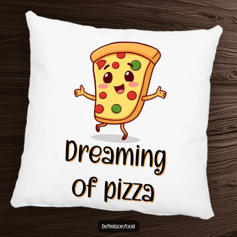Funny pizza pillow featuring a playful slice of pizza character doing a little jig, offering comfort and pizzazz.