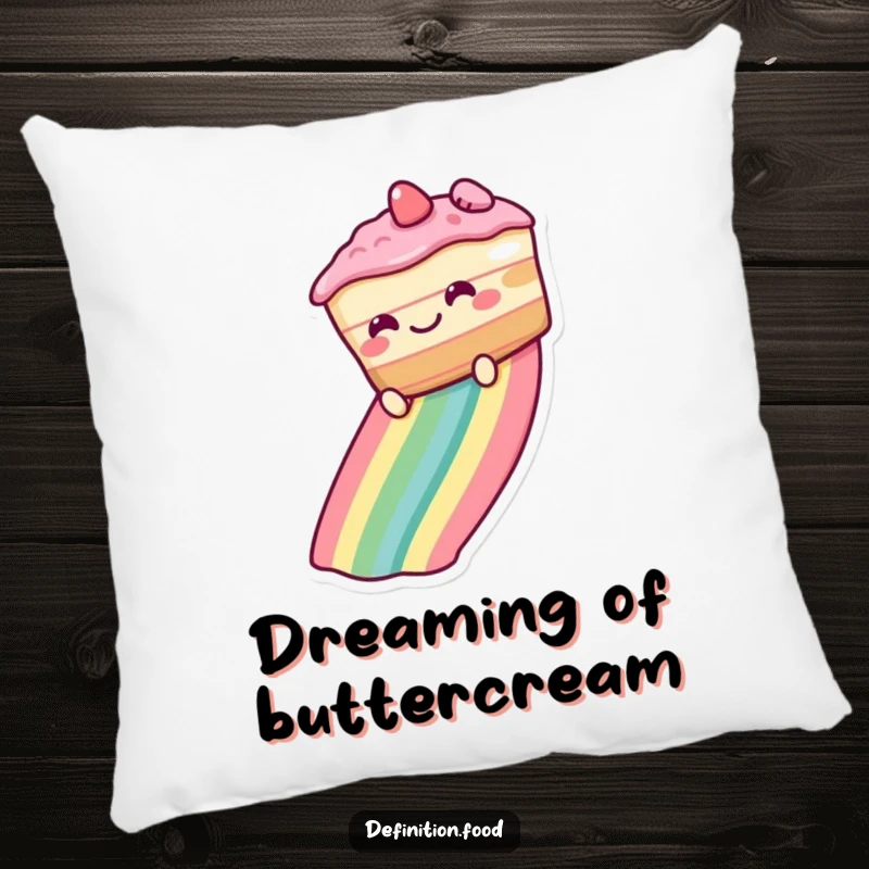 Funny Pillow featuring a grinning cake sliding down a rainbow, offering comfort with a dose of whimsical, sweet humor.