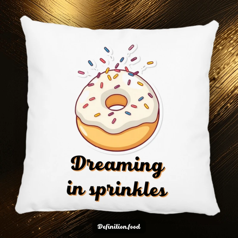 Funny pillow design of a doughnut character joyfully unleashing a cloud of colorful sprinkles, ideal for adding comfort and humor.