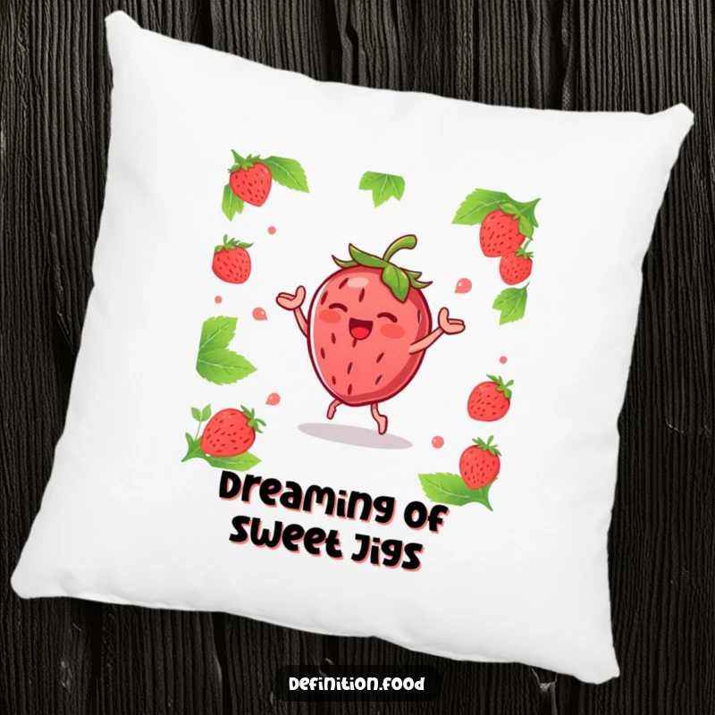 Funny joyous strawberry character doing a happy dance with leaves, a soft and humorous pillow for cozy, happy spaces.