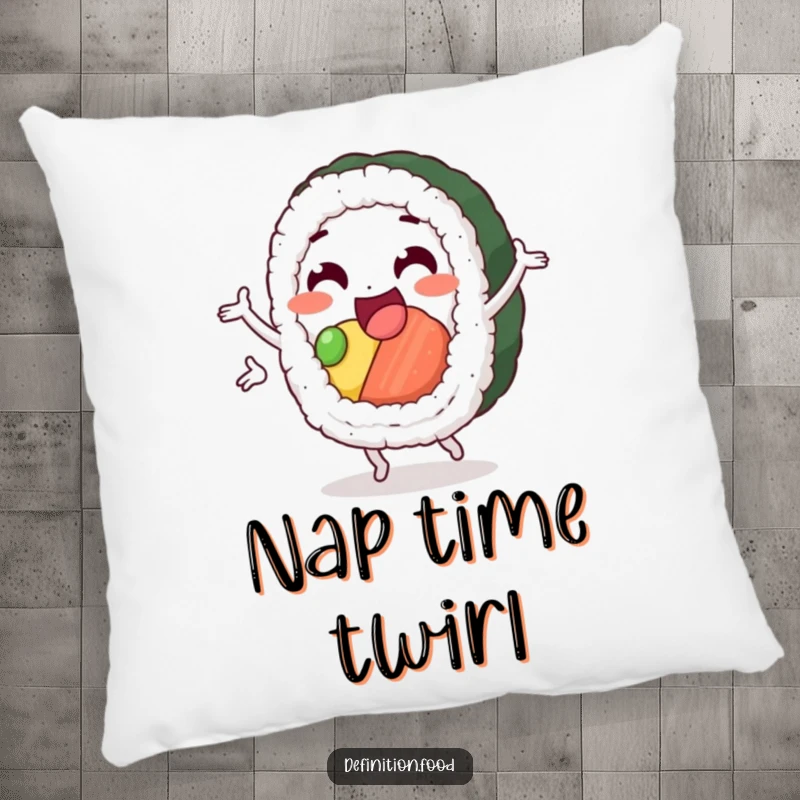 Funny sushi pillow featuring a delighted sushi roll character performing a happy pirouette, offering comfort and style.