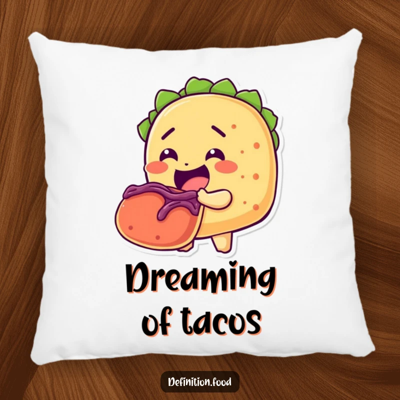 Funny pillow design of a happy taco character taking a massive bite out of another taco, perfect for comfort and humor.