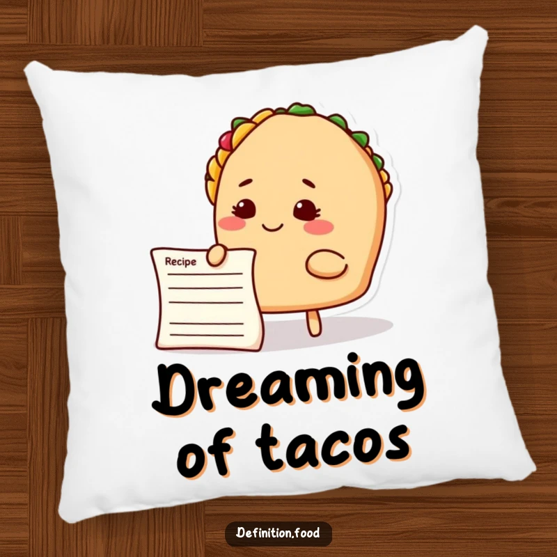 Funny taco chef pillow, featuring a smiling taco character thoughtfully studying a recipe card, perfect for lounging.