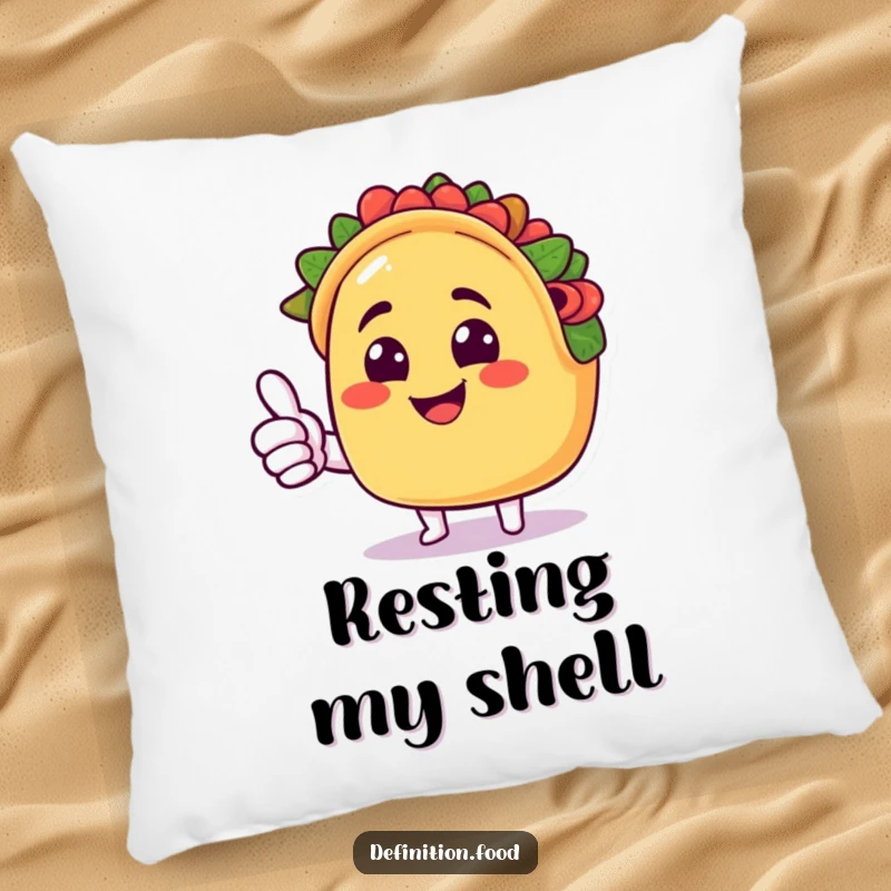 Funny taco pillow featuring a smiling taco character giving a cheerful thumbs up, offering comfort and a humorous touch.