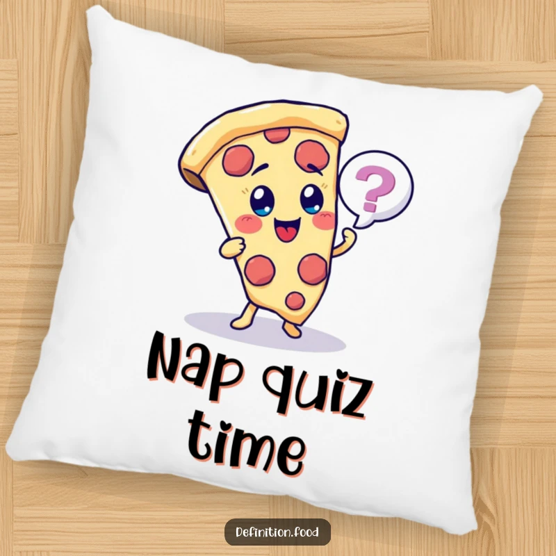 Funny pizza slice character pillow, asking a quiz, for cozy and engaging decor.