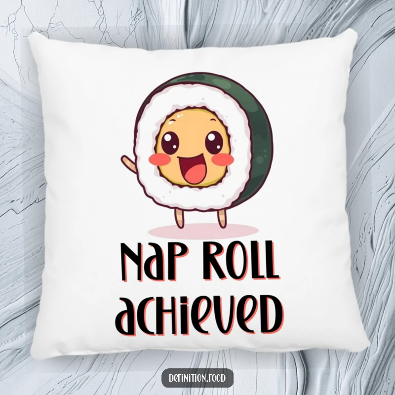 Funny pillow with a delighted sushi roll and beady eyes bouncing happily, ideal for comfort.