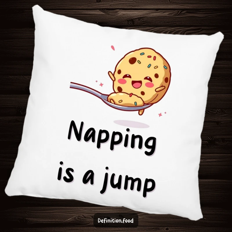 Funny pillow with a cookie and sprinkles enthusiastically jumping from a spoon, ideal for comfort.