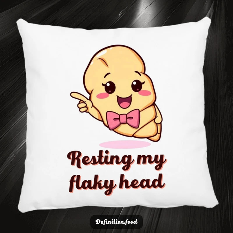 Funny Croissant Definition Pillow: A cheerful croissant character wearing a bow tie directs attention to a witty, colorful definition on a soft cushion.