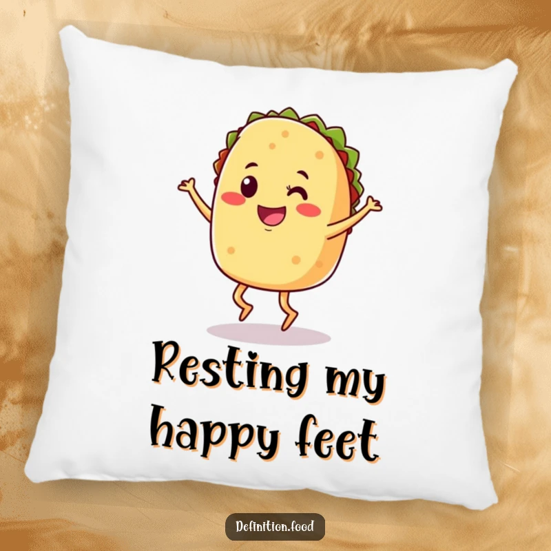 Funny pillow with a smiling taco doing a joyful jig, perfect for adding comfort and humor.