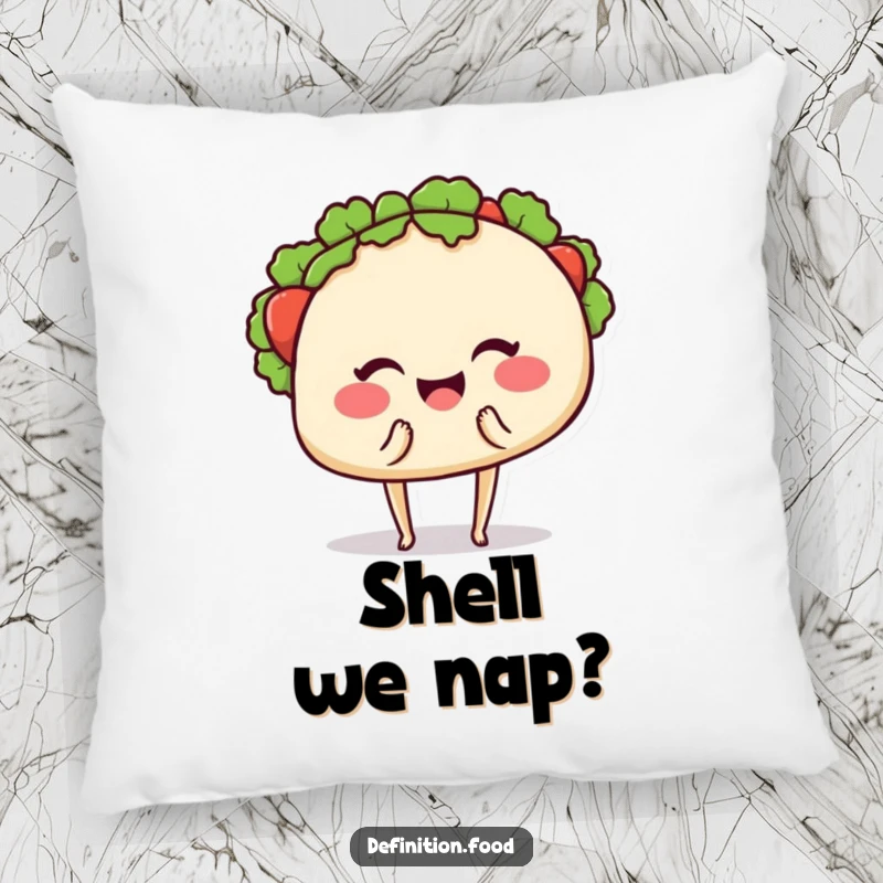 Funny pillow featuring a smiling taco with tiny legs, winking and offering a bite, providing comfort and a chuckle.