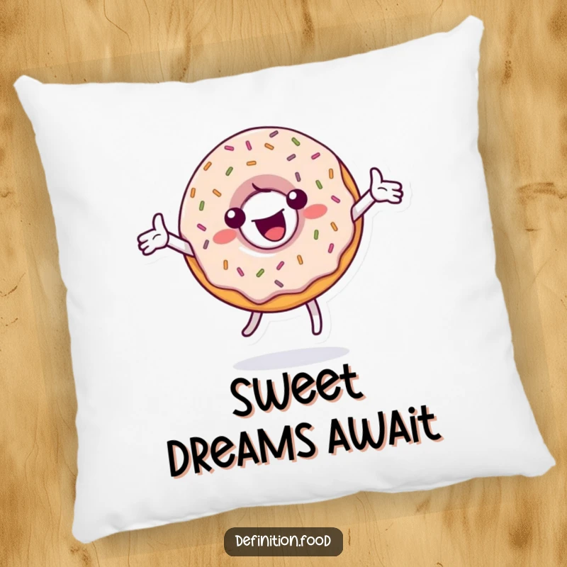 Funny pillow featuring a happy, sprinkle-covered donut character in mid-spin, offering plush comfort and a sprinkle of sweetness.