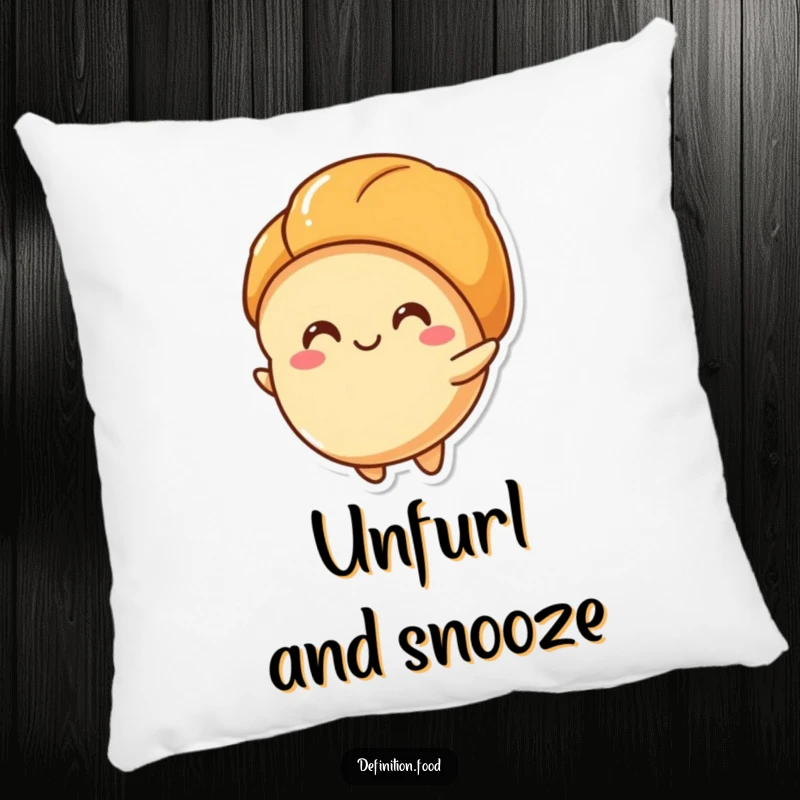 Funny pillow featuring a happy croissant character unfurling its layers, perfect for cozy comfort and a funny gift.