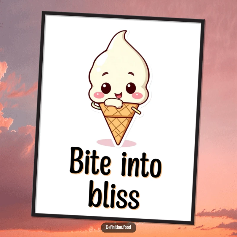Funny ice cream digital art print of a happy ice cream cone character taking a triumphant bite, for sweet wall decor.