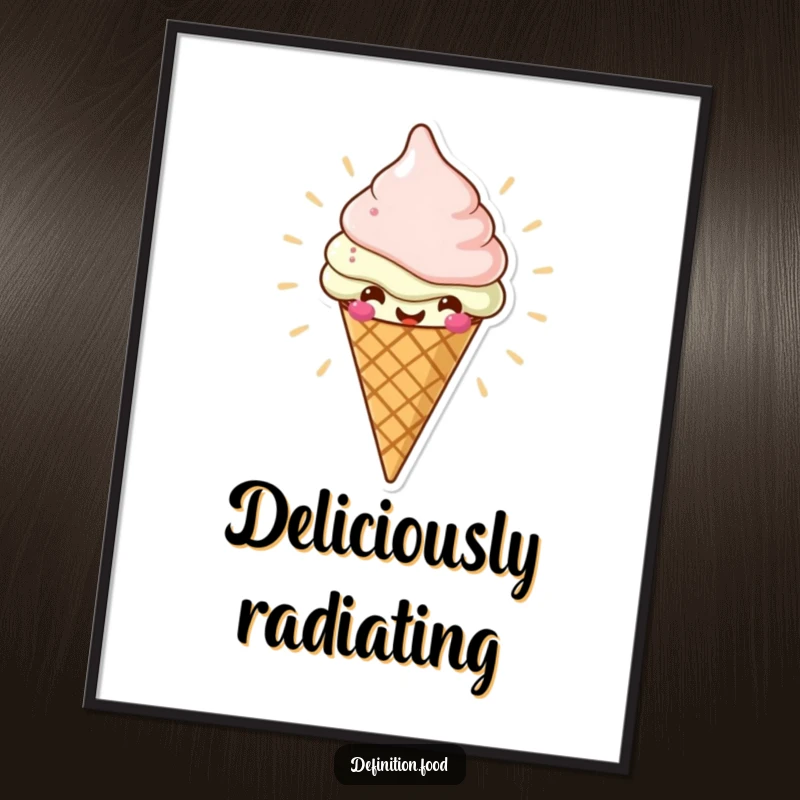 Funny digital art print of a cheerful ice cream cone character radiating deliciousness, perfect for instant humorous decor, a funny gift.