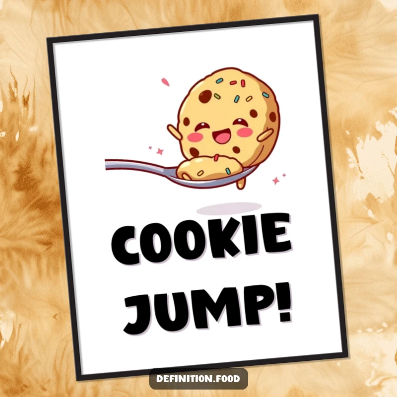 Funny digital art print of a cookie with sprinkles enthusiastically jumping from a spoon, for decor.