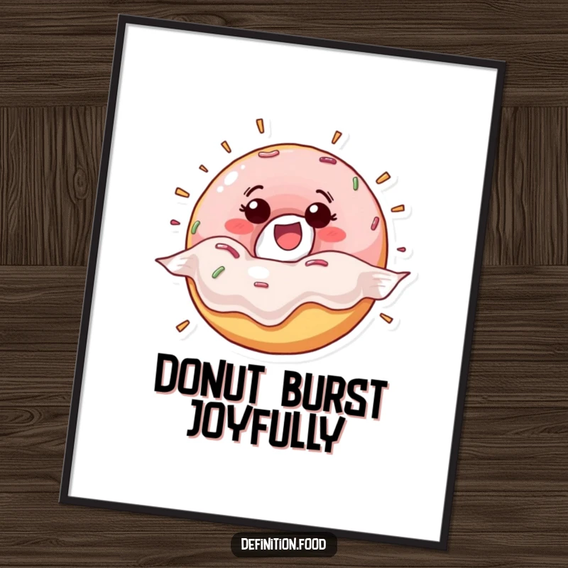 Funny happy donut character bursting from its wrapper as a digital art print, perfect for adding energetic and sweet wall decor.